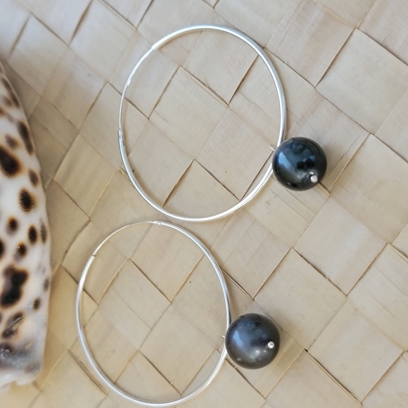 New Large Hoop Tahitian Pearl Earrings Sterling Silver - Picture 4 of 11